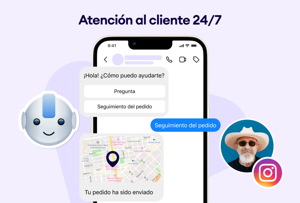 Chat automatizado de atención al cliente 24/7 mostrando seguimiento de pedido vía CRM.