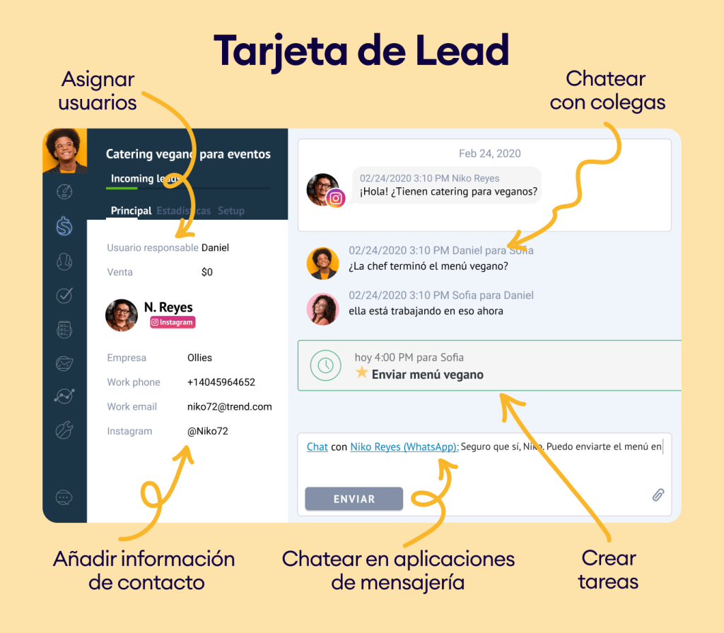 Vista de una tarjeta de lead en el CRM Kommo, mostrando tareas, datos de contacto y chats internos.
