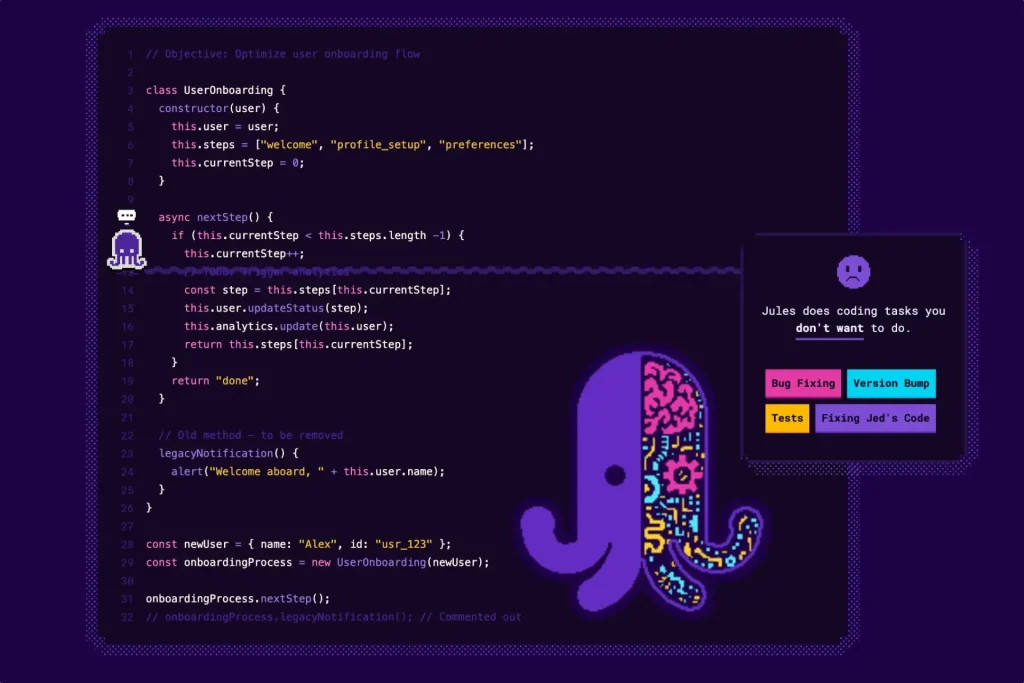 Interfaz del agente de codificación Jules de Google con IA Gemini 2.5, ejecutando código en un entorno de desarrollo.
