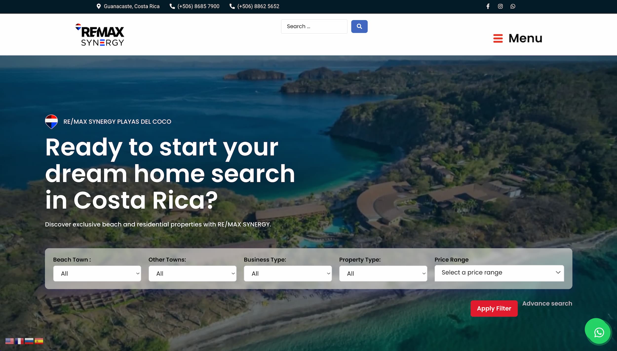 Captura de pantalla del sitio web de Remax Synergy mostrando la página de inicio con propiedades destacadas en Costa Rica.