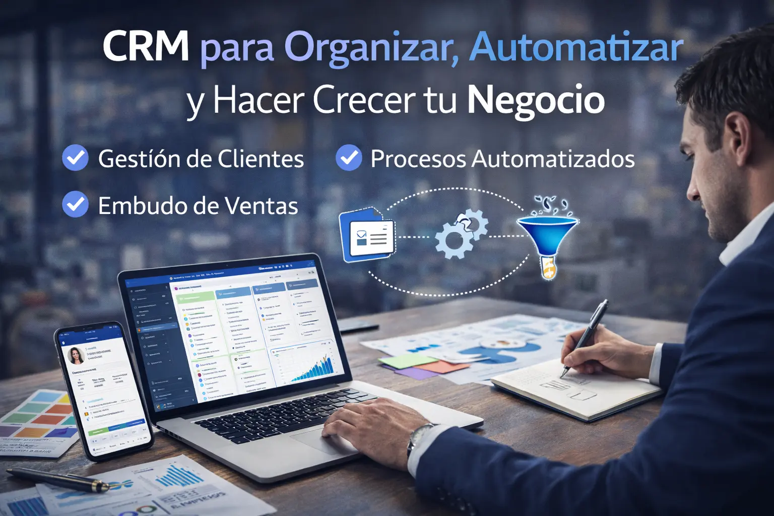 Sistema CRM empresarial mostrado en laptop y smartphone, con gestión de clientes, embudo de ventas y procesos automatizados para crecimiento del negocio.