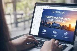 Diseño de páginas web empresariales en laptop, mostrando la creación de un sitio web profesional con enfoque en soluciones digitales y crecimiento del negocio.