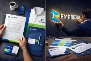 Elementos de imagen empresarial como papelería corporativa, tarjetas de presentación, carpeta, taza y smartphone con identidad visual coherente y profesional.