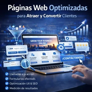 Páginas web optimizadas para atraer y convertir clientes, mostrando un diseño web profesional con formularios, llamadas a la acción y elementos de conversión digital.