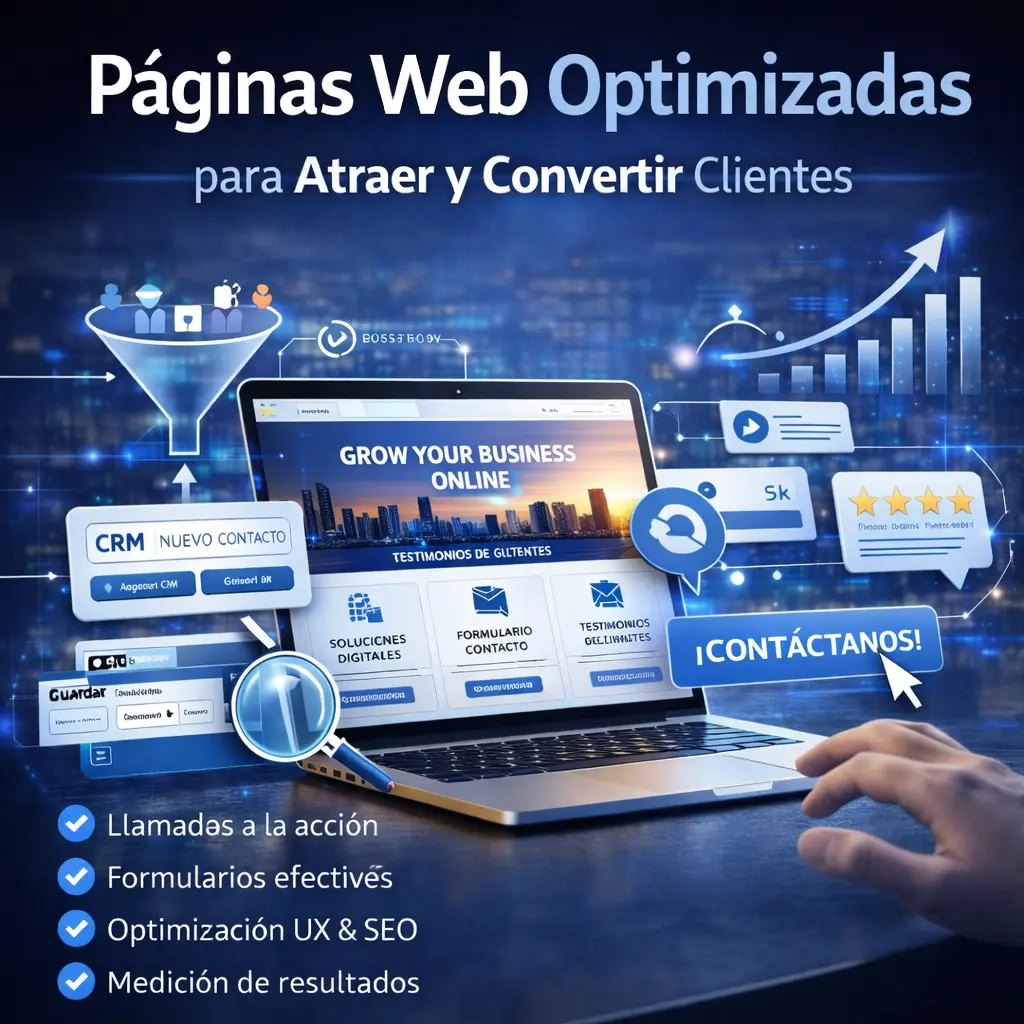 Páginas web optimizadas para atraer y convertir clientes, mostrando un diseño web profesional con formularios, llamadas a la acción y elementos de conversión digital.