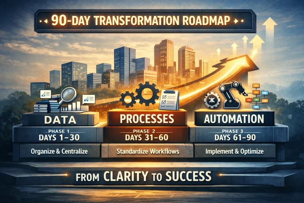Visual roadmap illustrating a 90-day digital transformation journey with three stages: data organization, process standardization, and automation leading to business growth.