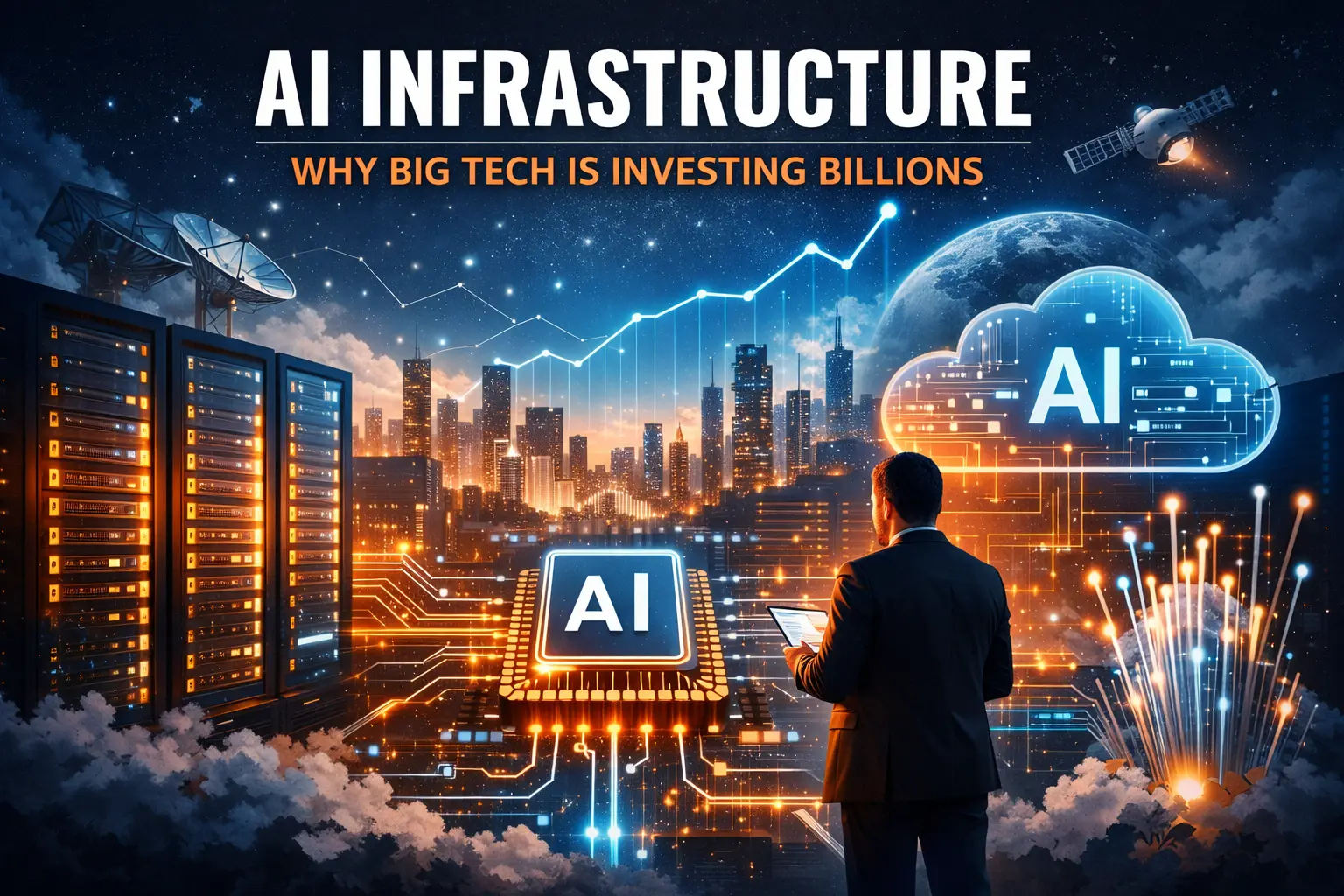 AI infrastructure ecosystem showing data centers, cloud computing, AI chips, and global networks powering large-scale artificial intelligence systems.