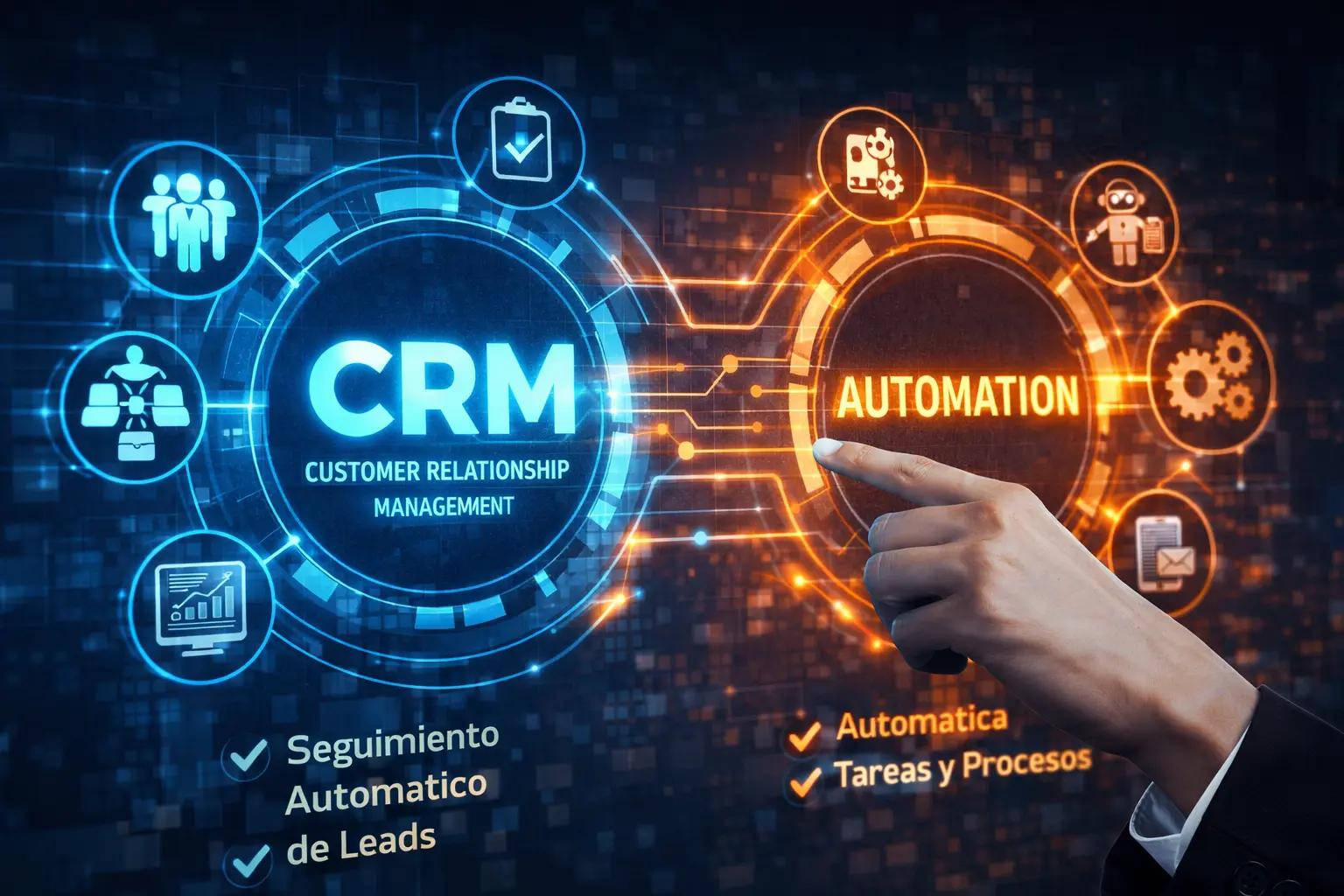 Interfaz digital de CRM y automatización empresarial mostrando la conexión entre gestión de clientes y automatización de procesos, con iconos de seguimiento de leads, tareas y flujos automáticos.