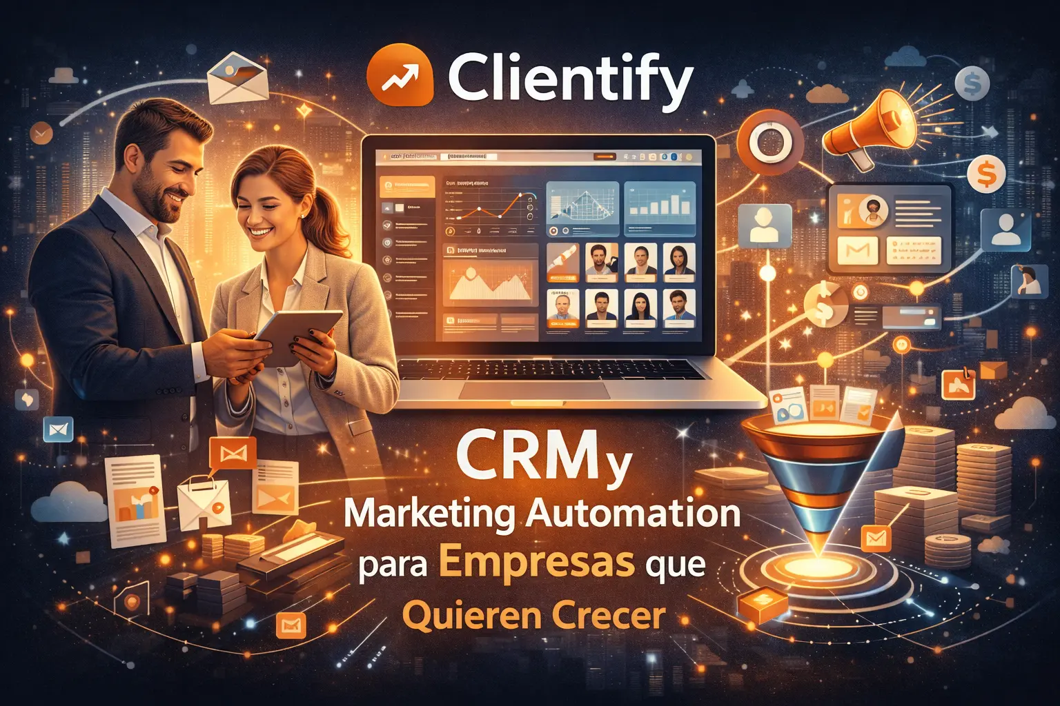 Clientify CRM y marketing automation mostrando gestión de leads, automatización de marketing, seguimiento comercial y medición de resultados en una sola plataforma.
