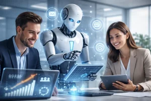 AI agent collaborating with business professionals to automate sales, customer support, and data-driven decision-making in a modern office environment.