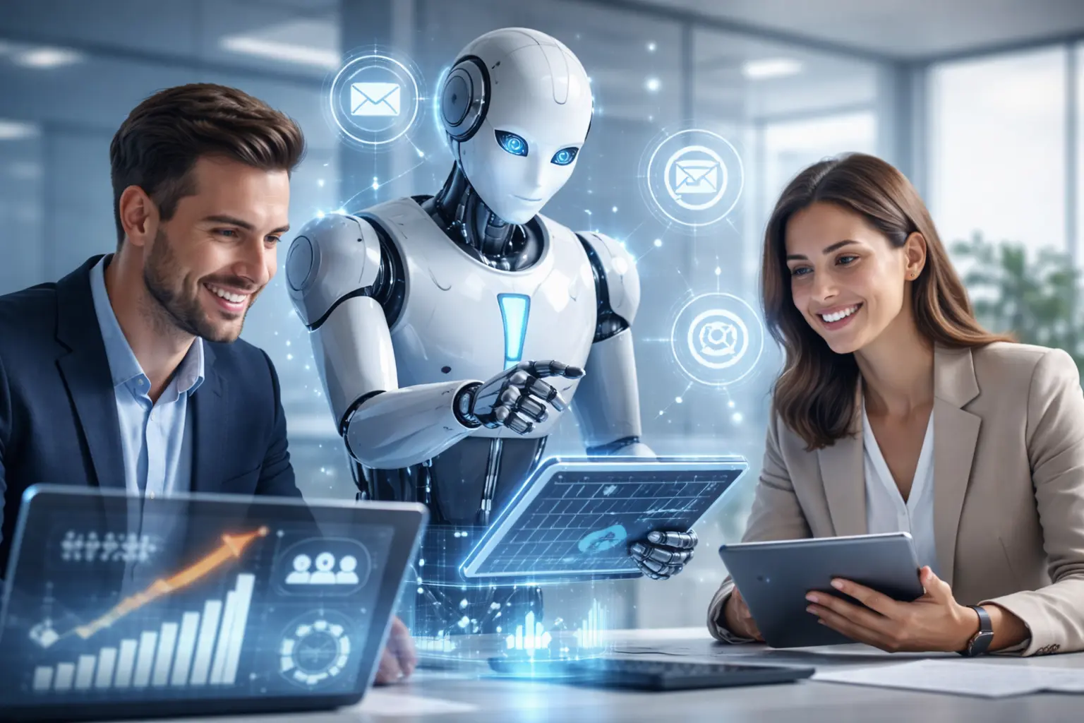 AI agent collaborating with business professionals to automate sales, customer support, and data-driven decision-making in a modern office environment.