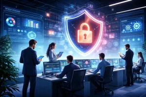 Business team monitoring AI systems and data security through advanced dashboards, symbolizing secure artificial intelligence, access control, and protection of enterprise data.