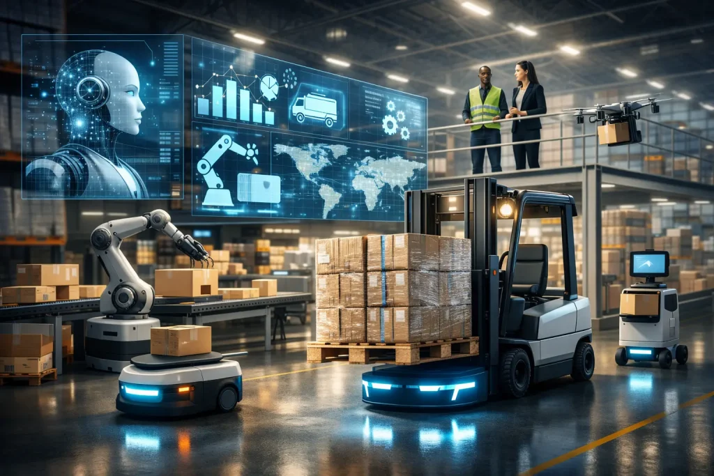 AI-powered robots and autonomous vehicles operating inside a modern warehouse, automating logistics, inventory handling, and operational workflows.