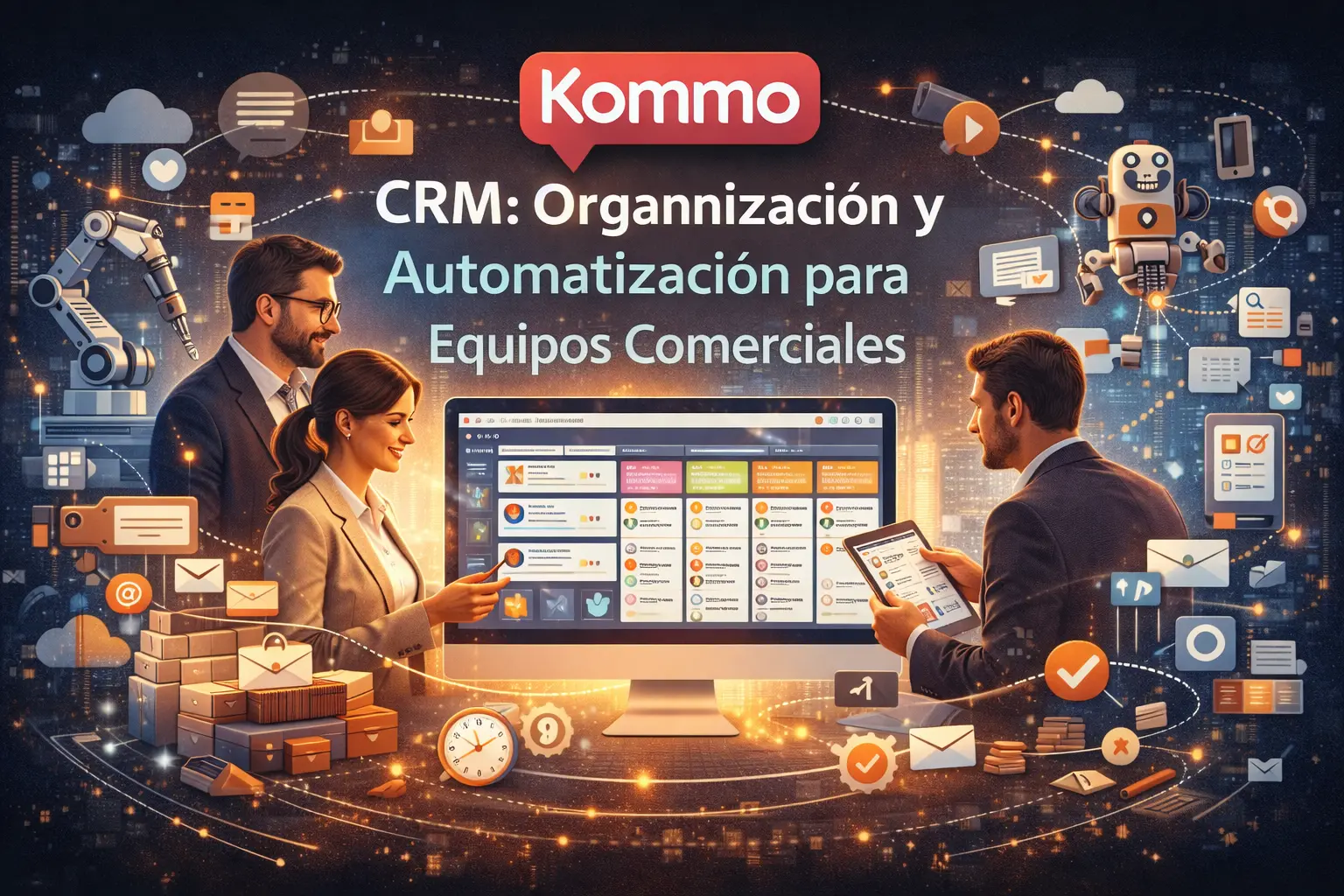 Kommo CRM aplicado a equipos comerciales, mostrando embudos de ventas, seguimiento de leads y automatización de procesos comerciales en una plataforma centralizada.