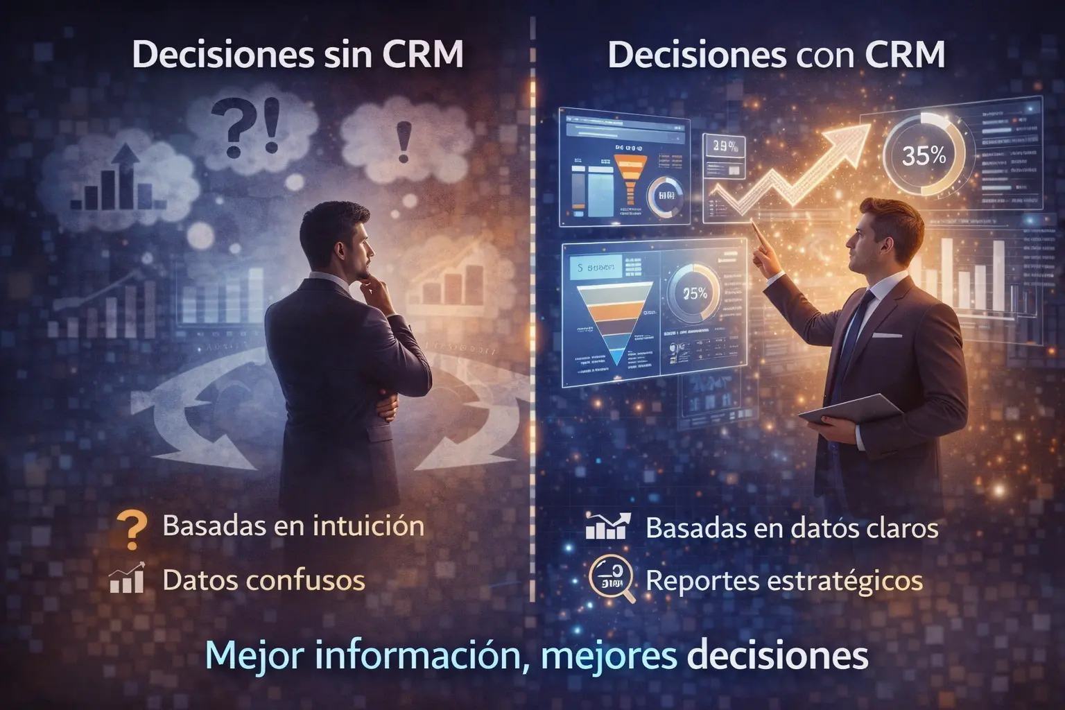 Comparación visual entre decisiones empresariales sin CRM y con CRM, mostrando datos confusos frente a reportes claros y métricas organizadas para una mejor toma de decisiones.