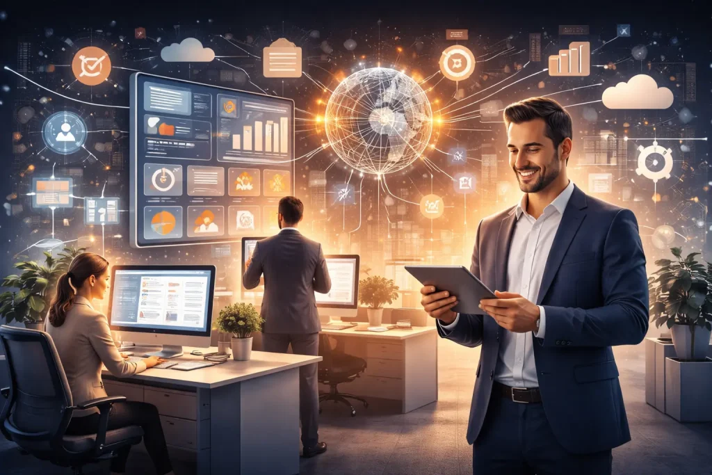 Technology applied to modern businesses showing data organization, process automation, and strategic decision-making through digital systems.