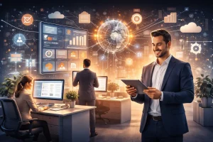 Technology applied to modern businesses showing data organization, process automation, and strategic decision-making through digital systems.