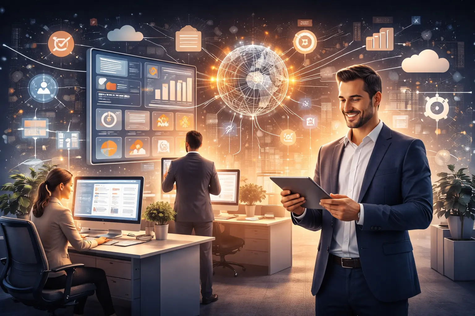 Technology applied to modern businesses showing data organization, process automation, and strategic decision-making through digital systems.