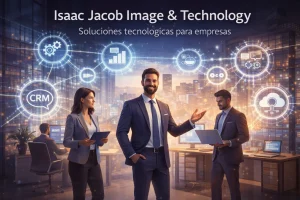 Equipo profesional en una oficina corporativa interactuando con iconos digitales de CRM, automatización, analítica de datos y soluciones tecnológicas empresariales.