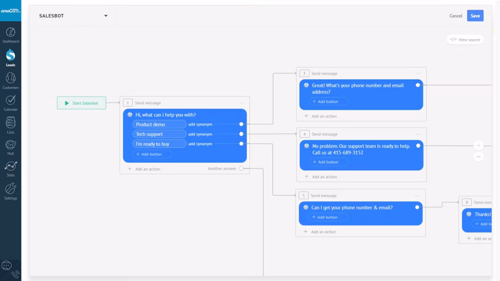 Kommo ofrece una interfaz visual para crear sus bots de manera sencilla y facil de entender.